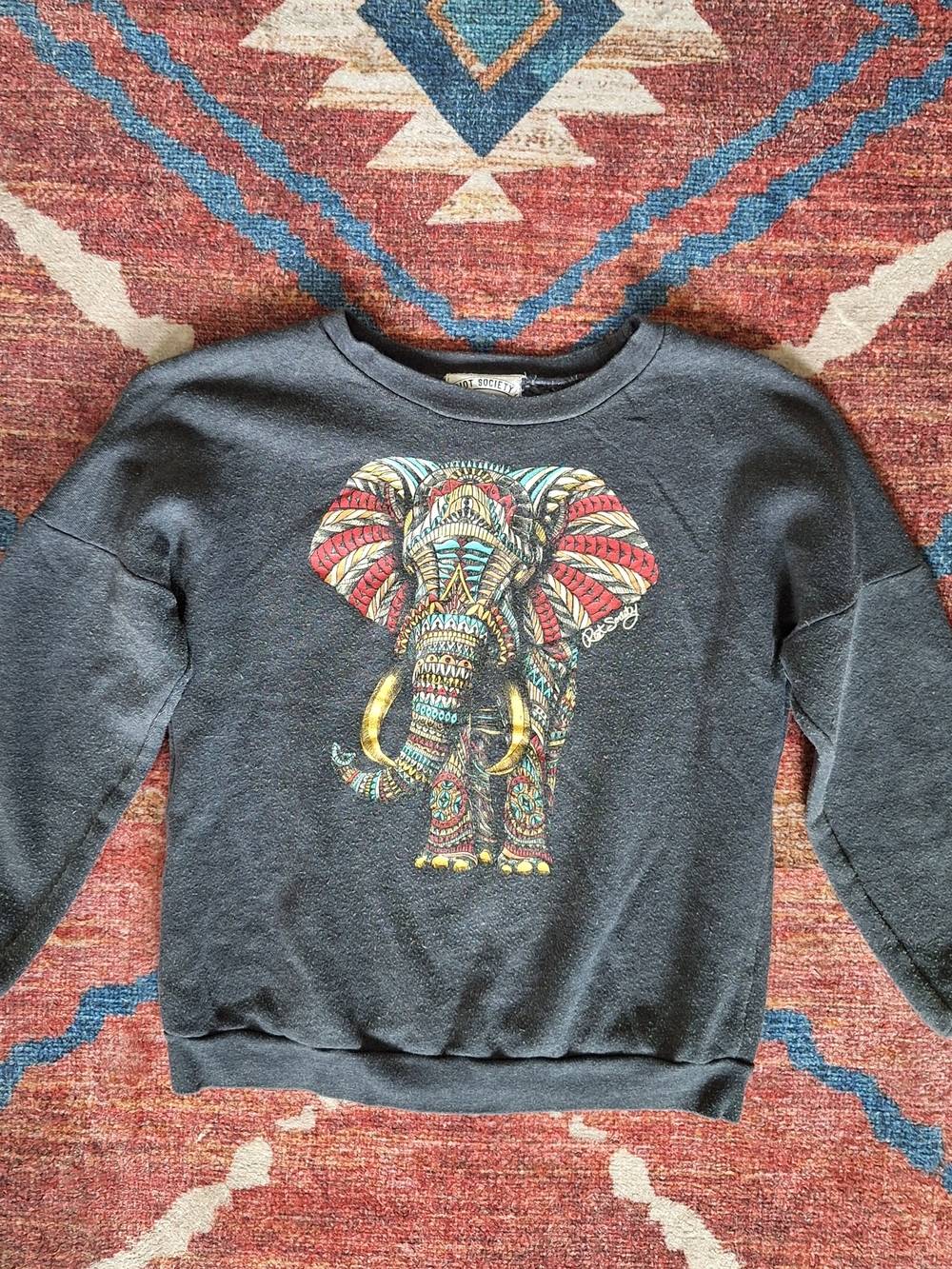 riot society Charcoal Crewneck with Colorful Tribal Elephant
